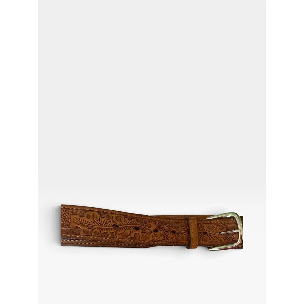 Vintage Tooled Leather Western Belt Size 36 37 38 - Floral Embossed Cowhide 1970
